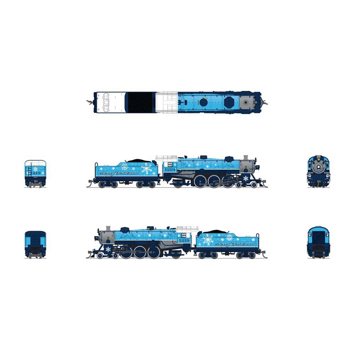 N Light Pacific 4-6-2 Steam Locomotive, "Merry Christmas" Blue & White, with Paragon4