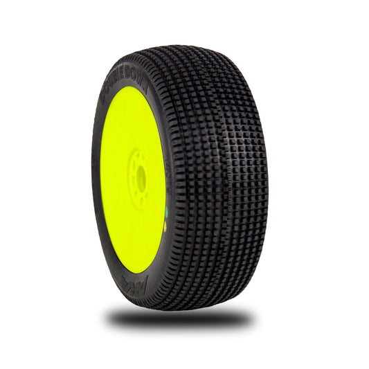 1/8 Double Down Soft Long Wear Pre-Mounted Tires, Yellow EVO Wheels (2): Buggy - Dirt Cheap RC SAVING YOU MONEY, ONE PART AT A TIME