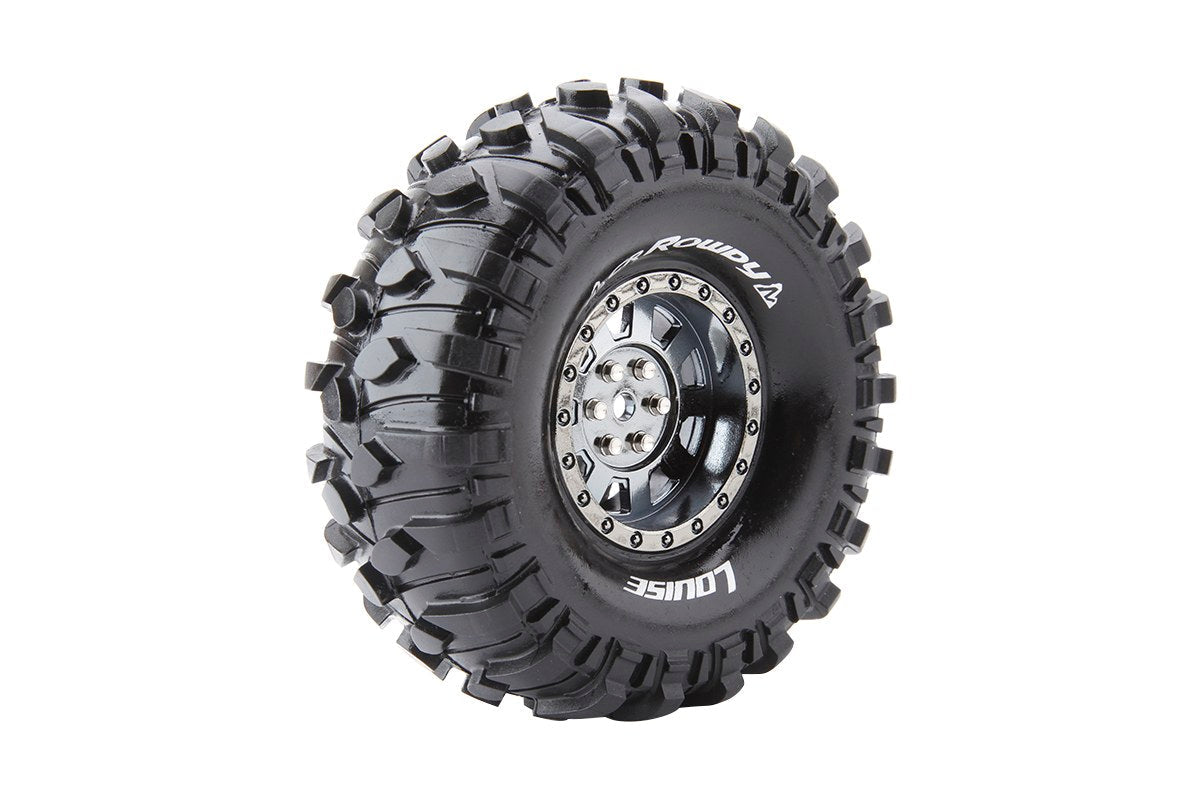 Louise R/C - CR-Rowdy 1/10 1.9" Crawler Tires, 12mm Hex, Super Soft, Mounted on Black Chrome Rim, Front/Rear (2)