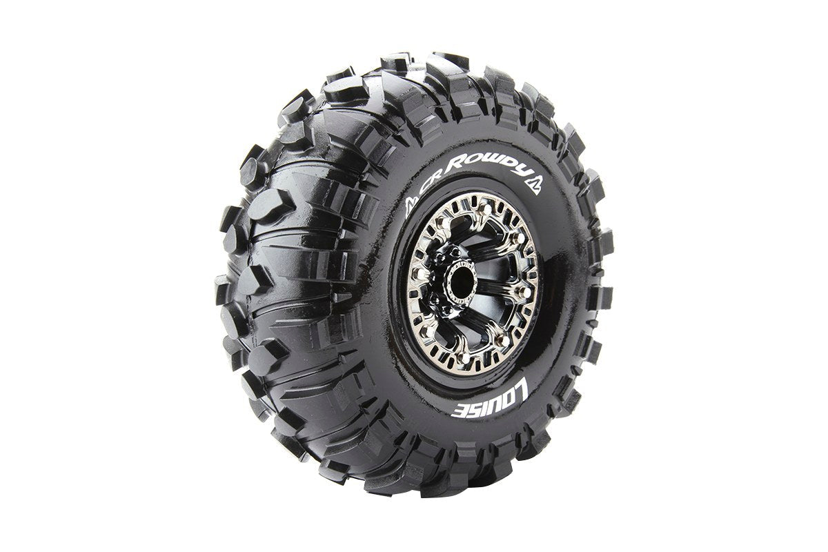 Louise R/C - CR-Rowdy 1/10 2.2" Crawler Tires, 12mm Hex, Super Soft, Mounted on Black Chrome Rim, Front/Rear (2)